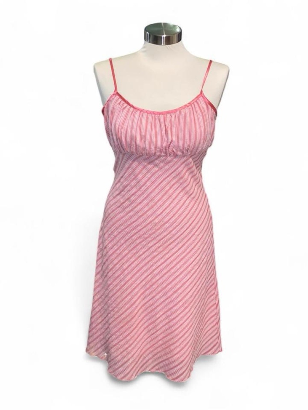 Pink Striped Midi Slip Dress with Silk Spaghetti Straps and Trim